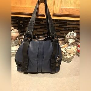 Michael Kors Leather Harness Luggage Grab Bag Satchel Tote Navy Blue